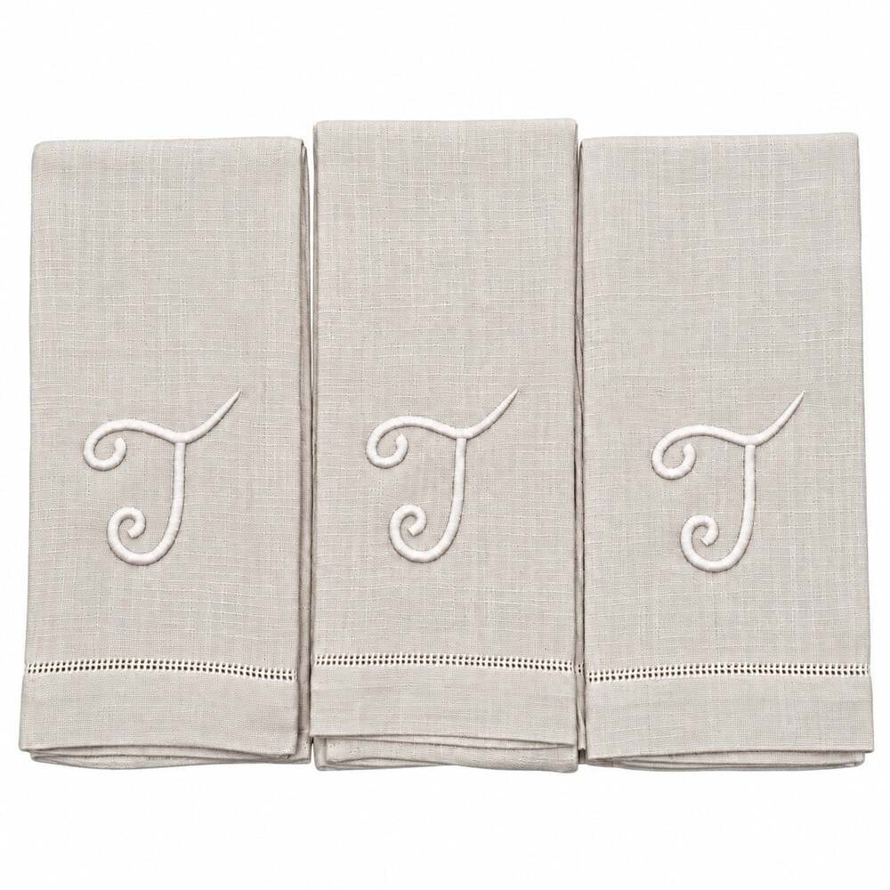 VTG Sferra Set of 3 Linen 15”X 22” Guest Towels “T” Hand Embroidered NIP Italy